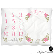 Floral baby blanket, pink and green monthly milestone blanket, floral personalized growth baby gifts, personalized photo prop blanket - choose your colors