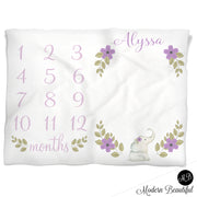 Girl floral baby blanket, purple and green monthly milestone blankets, floral personalized growth baby gifts, personalized photo prop blanket - choose your colors
