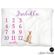 Baby girl kangaroo baby blanket, girl kangaroo baby milestone blanket, monthly milestone baby blanket, personalized growth baby gift, personalized photo prop blanket, choose your colors