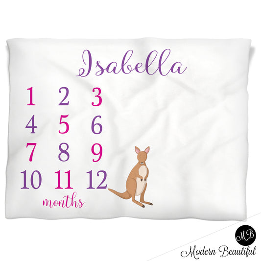 Kangaroo baby girl blanket, pink and purple, girl kangaroo baby milestone blanket, monthly milestone baby blanket, personalized growth baby gift, personalized photo prop blanket, choose your colors