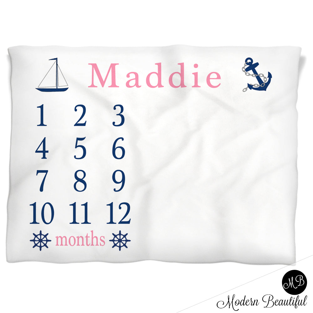 Navy and pink nautical baby blanket, girl anchor personalized growth baby gifts, personalized photo prop blanket - choose your colors