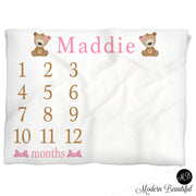 Teddy bear Milestone Name Blanket for Baby Girl, personalized growth baby gifts, personalized photo prop blanket - choose your colors