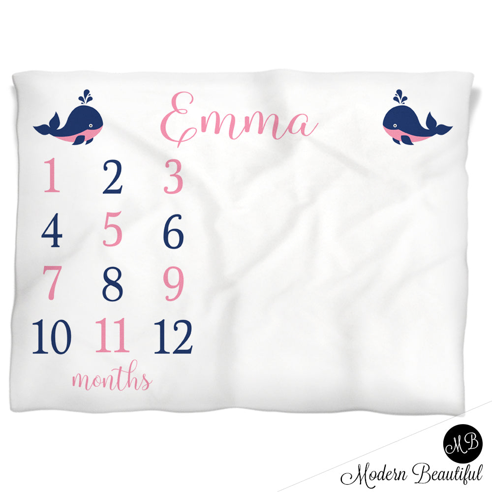 Baby girl whale blanket, nautical whale personalized growth baby gifts, personalized photo prop blanket - choose your colors