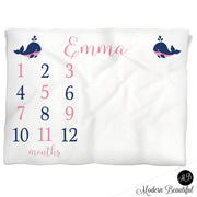 Baby girl whale blanket, nautical whale personalized growth baby gifts, personalized photo prop blanket - choose your colors