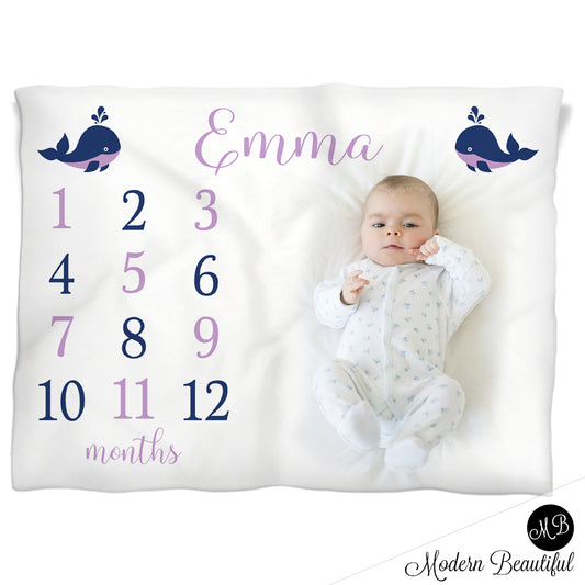 Whale Milestone Baby Blanket Personalized Girl Baby Growth Photo Blanket