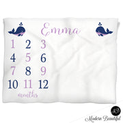 Purple and navy baby girl whale blanket, nautical whale personalized growth baby gift, personalized photo prop blanket - choose your colors