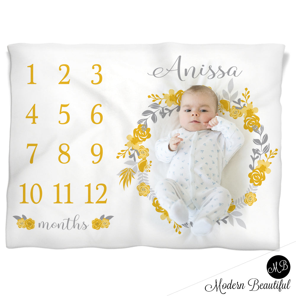 Baby girl floral wreath baby blanket, yellow and gray monthly milestone blanket, flower personalized growth baby gifts, personalized photo prop blanket - choose your colors