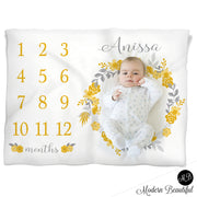 Baby girl floral wreath baby blanket, yellow and gray monthly milestone blanket, flower personalized growth baby gifts, personalized photo prop blanket - choose your colors