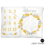 Baby girl floral wreath baby blanket, yellow and gray monthly milestone blanket, flower personalized growth baby gifts, personalized photo prop blanket - choose your colors