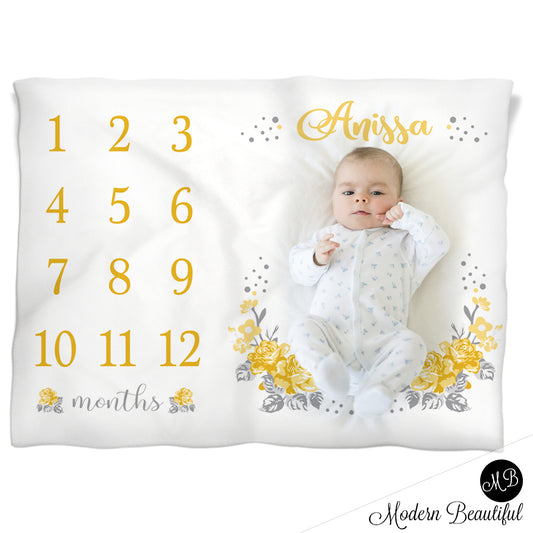 Yellow and gray floral baby blanket, floral monthly milestone blanket, flower personalized growth baby gifts, personalized photo prop blanket - choose your colors