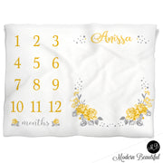 Yellow and gray floral baby blanket, floral monthly milestone blanket, flower personalized growth baby gifts, personalized photo prop blanket - choose your colors