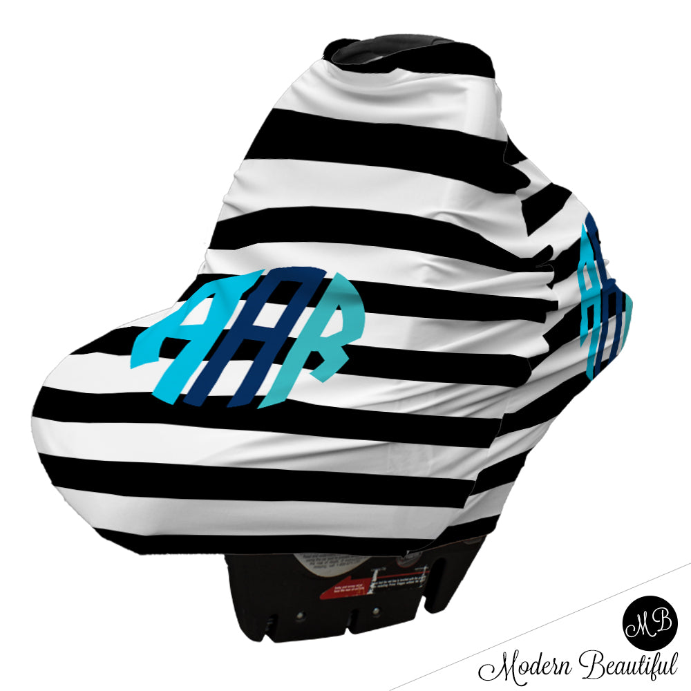 Black and white stripe monogram baby boy or girl car seat canopy cover, custom monogram infant car seat cover, personalized baby name carseat cover, nursing privacy cover (CHOOSE COLORS)