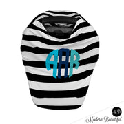 Black and white stripe monogram baby boy or girl car seat canopy cover
