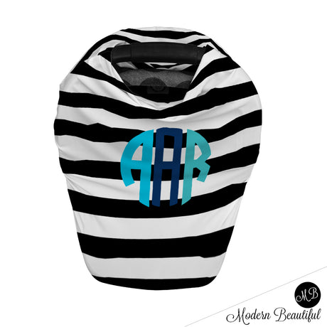 Black and white stripe monogram baby boy or girl car seat canopy cover