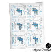 Moose baby name blanket, blue and gray, plaid moose baby blanket, baby swaddling blankets, baby girl or boy, baby name blanket, baby shower gift, (CHOOSE COLORS)