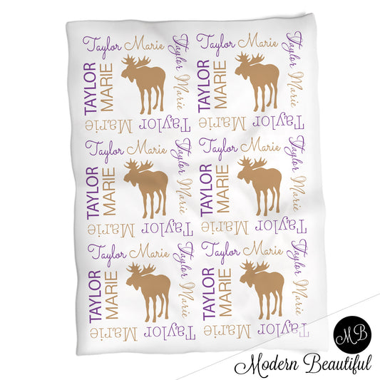 Moose girl baby name blanket, moose personalized blankets, purple and brown, boy or girl blanket, baby shower gift, personalized name blanket, (CHOOSE COLORS)
