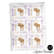 Moose girl baby name blanket, moose personalized blankets, purple and brown, boy or girl blanket, baby shower gift, personalized name blanket, (CHOOSE COLORS)