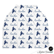 Motocross baby boy or girl car seat canopy covers, motocross baby gift, navy and white, custom infant car seat cover, personalized baby name carseat cover, nursing privacy cover, shopping cart cover, high chair cover (CHOOSE COLORS)