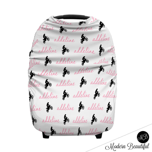 Motocross baby boy or girl car seat canopy covers, motocross baby gift, pink and black, custom infant car seat cover, personalized baby name carseat cover, nursing privacy cover, shopping cart cover, high chair cover (CHOOSE COLORS)