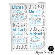 Music note baby boy stats blanket, blue and gray, music note boy baby blanket, personalized music baby blanket, baby stats blanket, boy or girl stats swaddle blanket, baby shower gift, choose colors