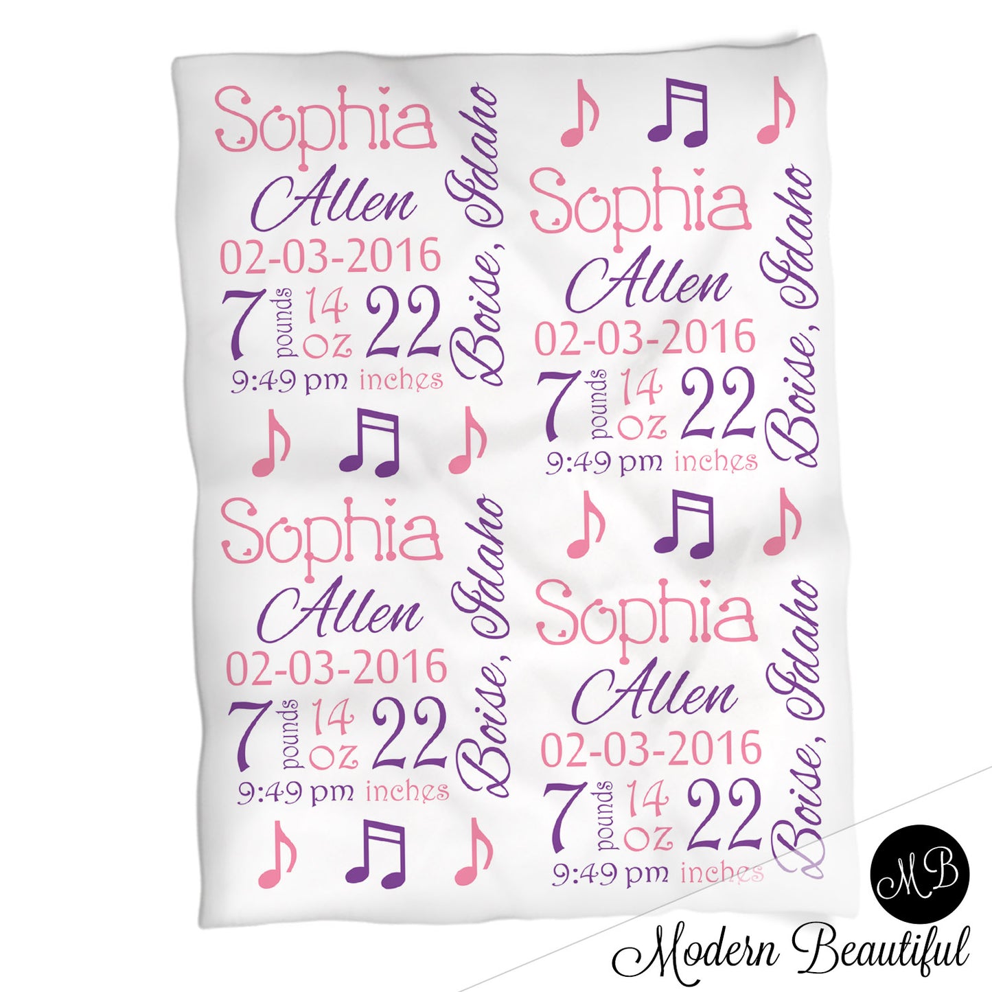 Music note baby girl stats blanket, purple and pink, music note girl baby blanket, personalized music baby blanket, baby stats blanket, boy or girl stats swaddle blanket, baby shower gift, choose colors