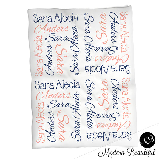 Girl baby name blanket, personalized name blankets, navy and coral, boy or girl blanket, baby shower gift, personalized name blanket, (CHOOSE COLORS)