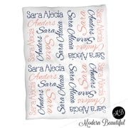 Girl baby name blanket, personalized name blankets, navy and coral, boy or girl blanket, baby shower gift, personalized name blanket, (CHOOSE COLORS)