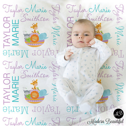 Baby girl Noah's ark name blanket 