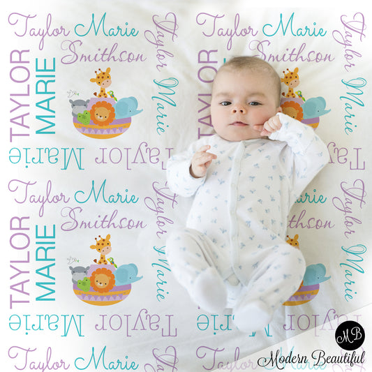 Baby girl Noah's ark name blanket 