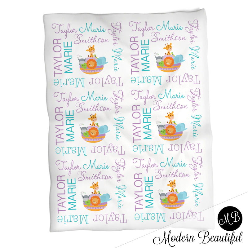 Baby girl Noah's ark name blanket in purple and teal, Noah's ark swaddling blanket, baby girl Noah's ark animals blanket, animals blanket, Noah's ark baby shower gift, (CHOOSE COLORS)