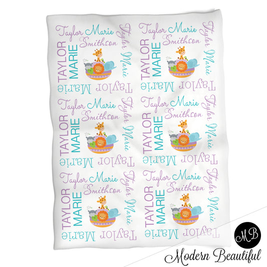 Baby girl Noah's ark name blanket in purple and teal, Noah's ark swaddling blanket, baby girl Noah's ark animals blanket, animals blanket, Noah's ark baby shower gift, (CHOOSE COLORS)