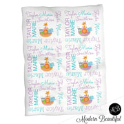 Baby girl Noah's ark name blanket in purple and teal, Noah's ark swaddling blanket, baby girl Noah's ark animals blanket, animals blanket, Noah's ark baby shower gift, (CHOOSE COLORS)