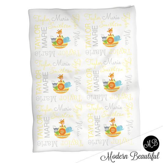 Noah's ark baby name blanket, noah's ark personalized name blankets, yellow and gray, boy or girl blanket, baby shower gift, personalized name blanket, (CHOOSE COLORS)