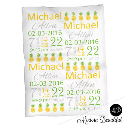 Pineapple baby boy stats blanket, green and yellow, pineapple boy baby blanket, personalized pineapple baby blanket, baby stats blanket, boy or girl stats swaddle blanket, baby shower gift, choose colors