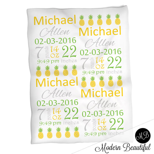 Pineapple baby boy stats blanket, green and yellow, pineapple boy baby blanket, personalized pineapple baby blanket, baby stats blanket, boy or girl stats swaddle blanket, baby shower gift, choose colors