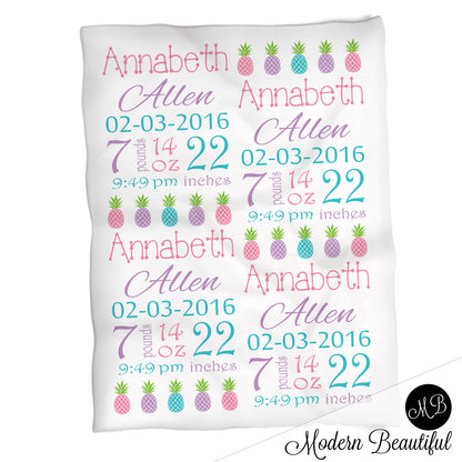 Pineapple baby girl stats blanket, pink and purple, pineapple girl baby blanket, personalized pineapple baby blanket, baby stats blanket, boy or girl stats swaddle blanket, baby shower gift, choose colors