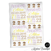 Puppy baby girl stats blanket, yellow and purple, puppy girl baby blanket, personalized dog baby blanket, baby stats blanket, boy or girl stats swaddle blanket, baby shower gift, choose colors