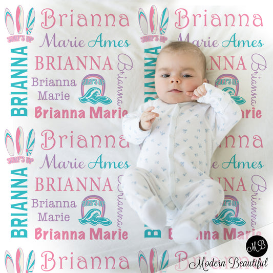 Baby girl surfboard name blanket