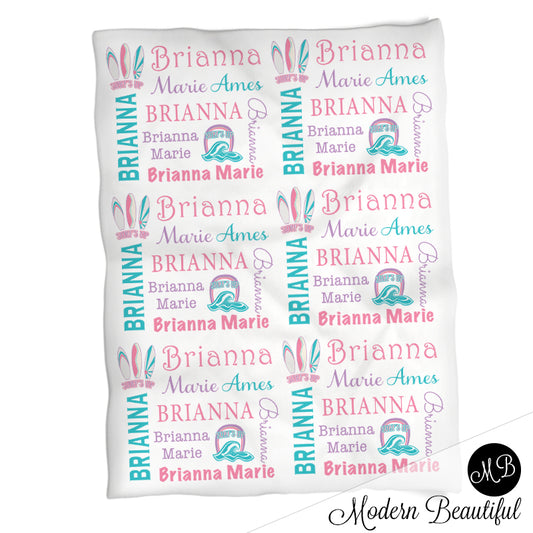 Baby girl surfboard name blanket, beach swaddling blanket, girl surfing blanket, surfboard blanket, surfboard baby shower gift, (CHOOSE COLORS)