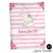 Girl stripe elephant name photo prop blanket, personalized baby gift, elephant personalized blanket, choose colors