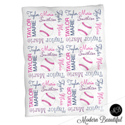 Softball baby name blanket, baseball personalized name blankets, pink and navy, boy or girl blanket, baby shower gift, personalized name blanket, (CHOOSE COLORS)