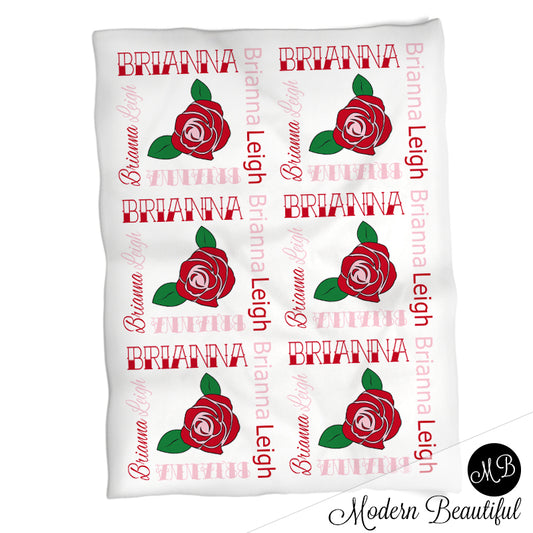 Tattoo roses baby name blanket, tattoo theme baby blanket, tattoo baby gift, old school, retro, rockabilly, punk, girl or boy baby blanket (CHOOSE COLORS)