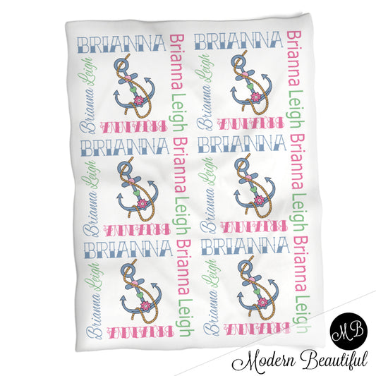 Tattoo anchor baby name blanket, tattoo theme baby blanket, tattoo baby gift, old school, retro, rockabilly, punk, girl or boy baby blanket (CHOOSE COLORS)
