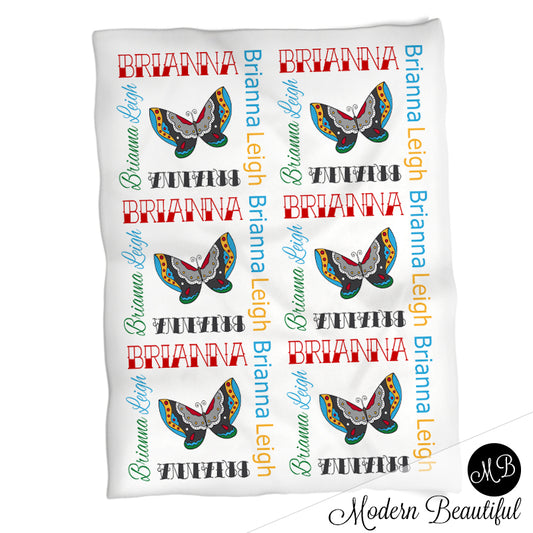 Tattoo butterfly baby name blanket, tattoo theme baby blanket, tattoo baby gift, old school, retro, rockabilly, punk, girl or boy baby blanket (CHOOSE COLORS)