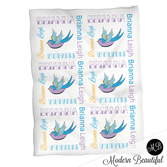 Tattoo sparrow baby name blanket, tattoo theme baby blanket, tattoo baby gift, old school, retro, rockabilly, punk, girl or boy baby blanket (CHOOSE COLORS)