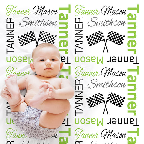 Lime green and black racing flag baby blanket, drag racingblanket, dragster baby blanket, boy blanket, photo prop blanket, racing name blanket (CHOOSE COLORS)