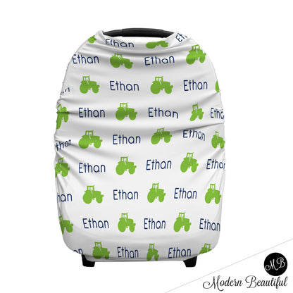 Tractor baby boy or girl car seat canopy covers, tractor baby gift, green and white, custom infant car seat cover, personalized baby name carseat cover, nursing privacy cover, shopping cart cover, high chair cover (CHOOSE COLORS)