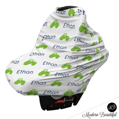 Tractor baby boy or girl car seat canopy covers, tractor baby gift, green and white, custom infant car seat cover, personalized baby name carseat cover, nursing privacy cover, shopping cart cover, high chair cover (CHOOSE COLORS)