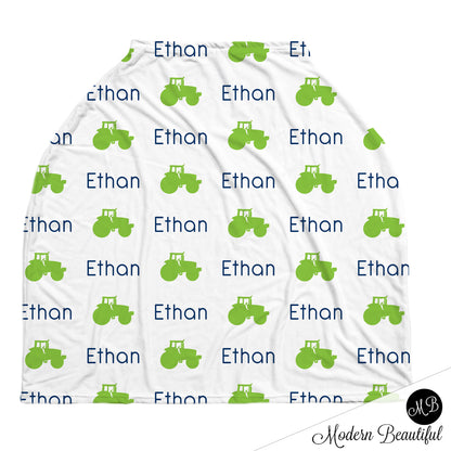 Tractor baby boy or girl car seat canopy covers, tractor baby gift, green and white, custom infant car seat cover, personalized baby name carseat cover, nursing privacy cover, shopping cart cover, high chair cover (CHOOSE COLORS)