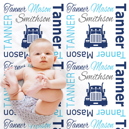 Baby boy trucker name blanket, personalized boy diesel baby gift, truck driver theme blanket, boy name blanket, personalized blanket, (CHOOSE COLORS)
